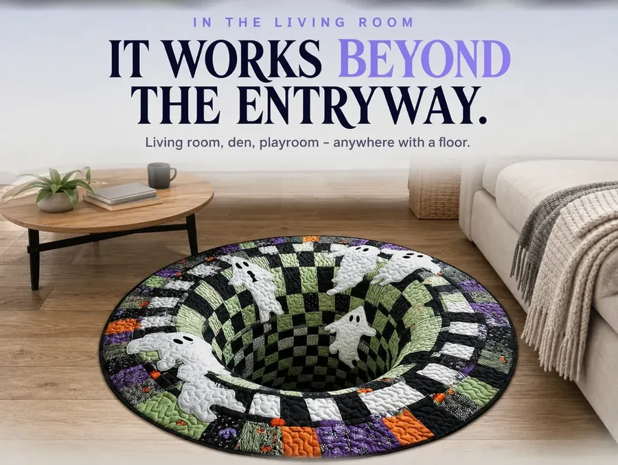 The illusion rug placed beside a coffee table in a daylit living room, its ghost-and-checkerboard artwork clearly visible.
