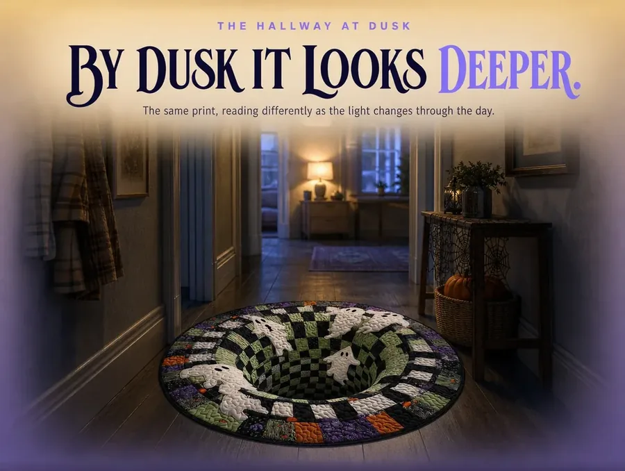 The illusion rug in a hallway at dusk, its checkerboard reading darker as the window light cools.