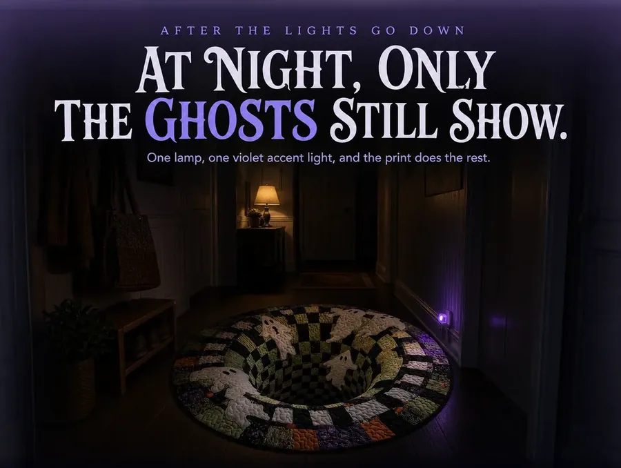 A near-dark hallway where only lamp and violet accent light catch the rug's pale ghost shapes in shadow.