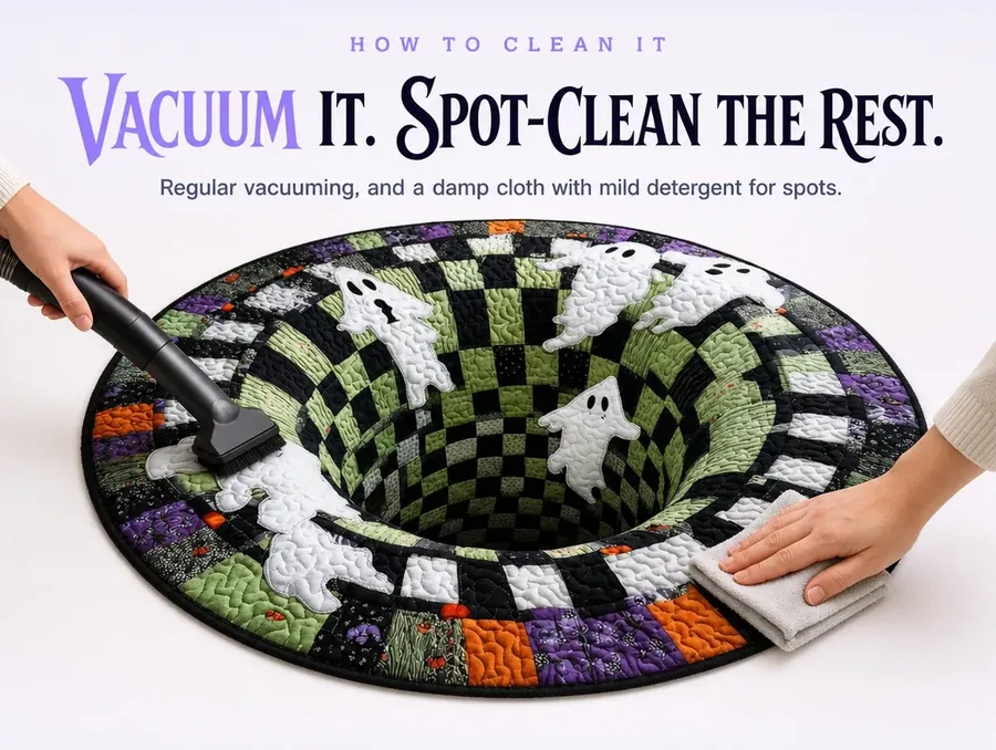 A studio shot showing a vacuum nozzle over one corner of the rug and a damp cloth spot-cleaning another.