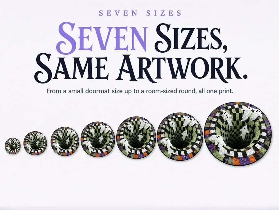 A flat overhead diagram comparing the seven true-to-scale round sizes the illusion rug is available in.