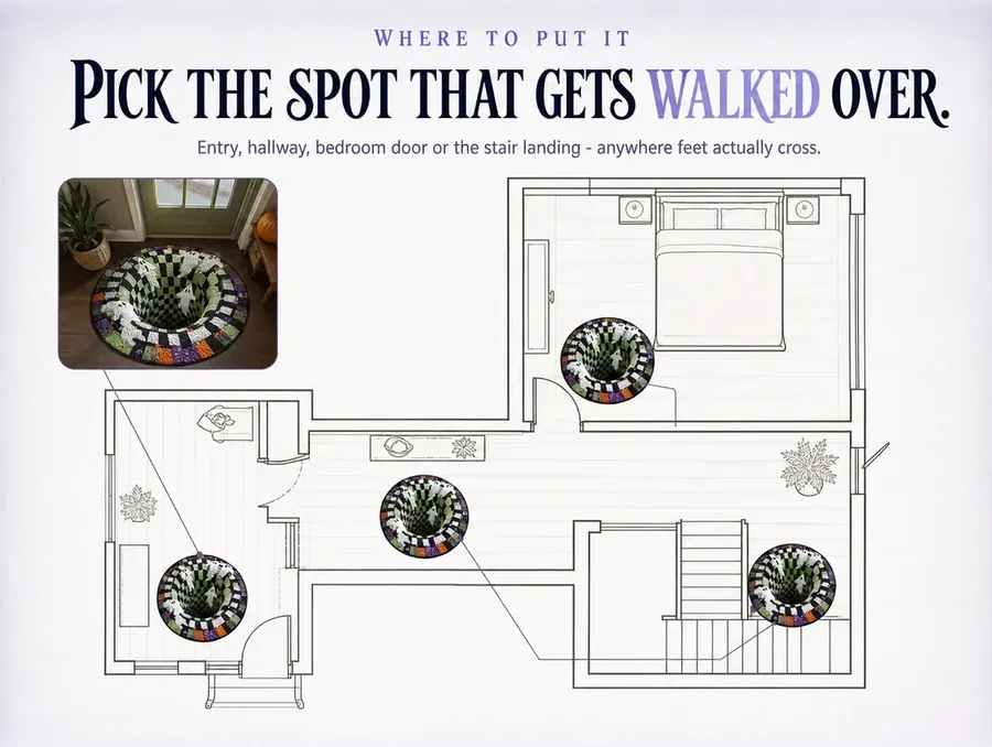 An overhead floor plan marking four candidate spots for the rug, with a small photo inset of it in the entryway.