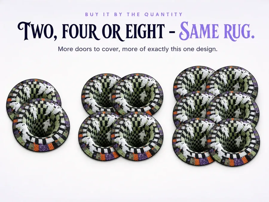 A studio shot comparing three quantities of the identical rug design, grouped in twos, fours and eights.