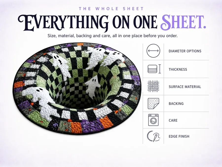 A spec sheet with the rug cut out on the left and a labeled table of sizes, material and care on the right.