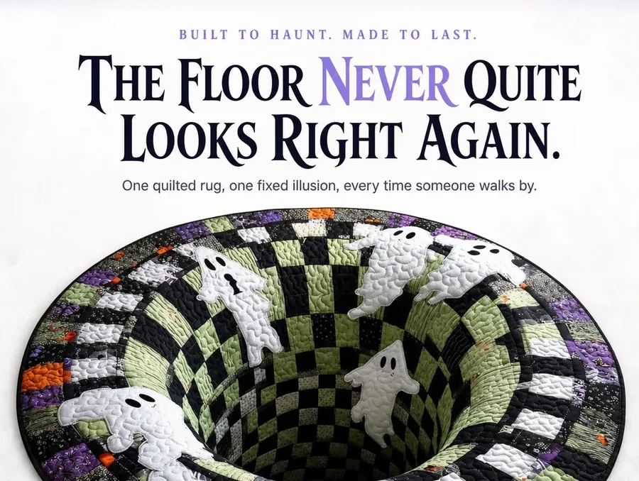 The rug cut out low on an off-white ground with generous empty space above for the closing line.