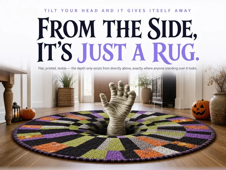 Low, side-on angle of the illusion rug showing its hole and hand print lying completely flat on the floor.