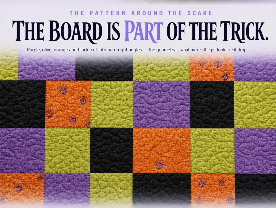 Macro detail of the rug's purple, olive-green, orange and black checkerboard print pattern.
