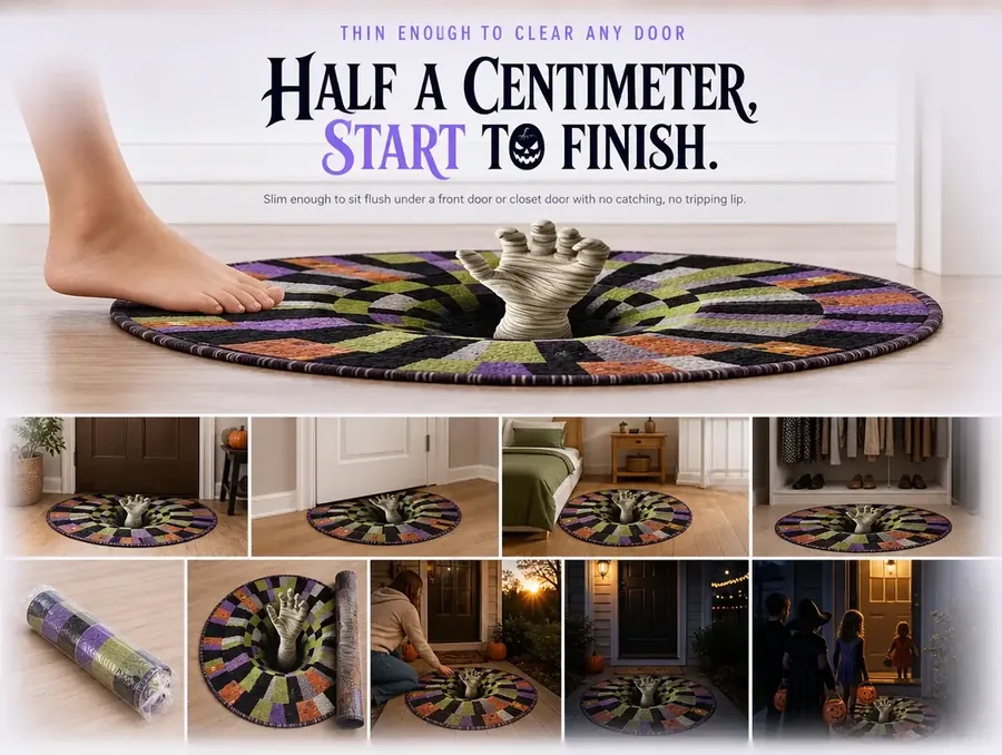 Side profile of a foot stepping onto the illusion rug, showing how thin and flush it sits on the floor.