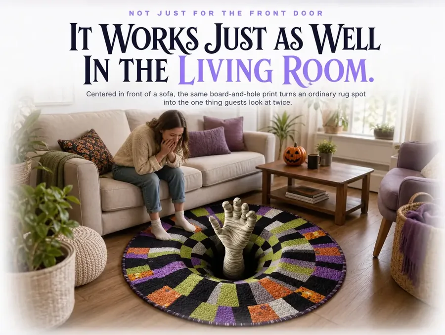 The checkerboard illusion rug laid in front of a living room sofa with someone leaning down to look at it.