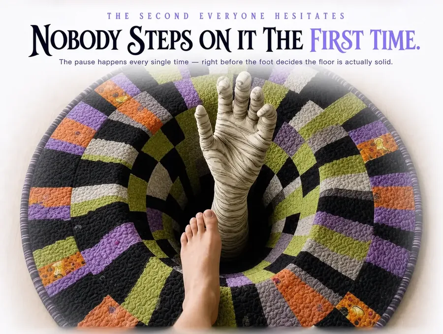 First-person view of a bare foot hesitating just above the illusion rug's printed pit and reaching hand.