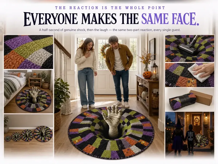 Two people reacting with a startled flinch and a laugh while looking down at the illusion rug together.