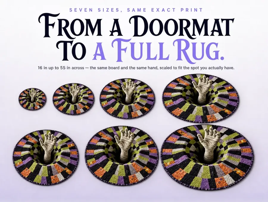Size lineup of the same checkerboard illusion rug shown from a small doormat size up to a full round rug.