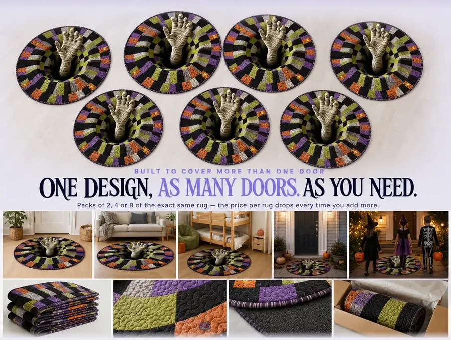 Overhead flat-lay of several identical checkerboard illusion rugs grouped together as a multi-pack.