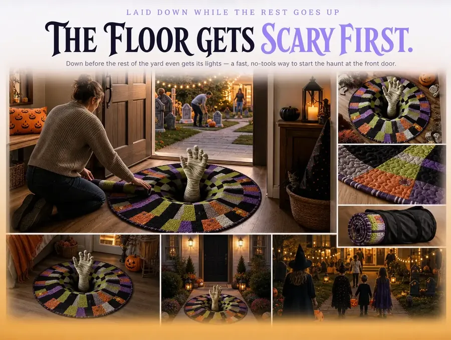 A person laying the checkerboard illusion rug down at the entryway during early evening Halloween setup.