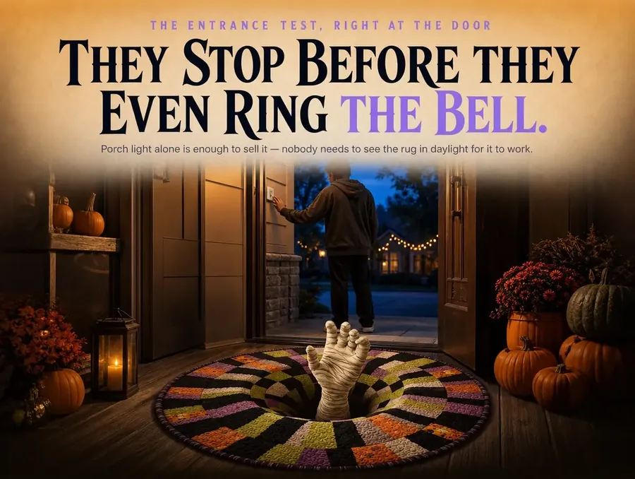 A guest pausing at the front door at dusk, distracted by the illusion rug instead of ringing the bell.