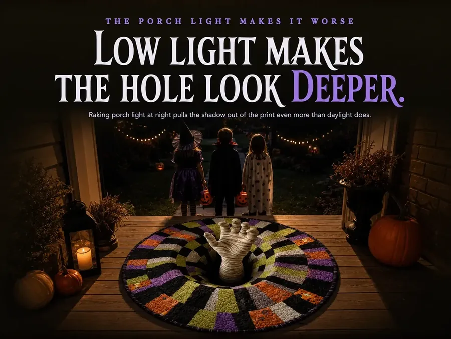 Trick-or-treaters at night pausing over the illusion rug where porch light deepens its printed shadow.