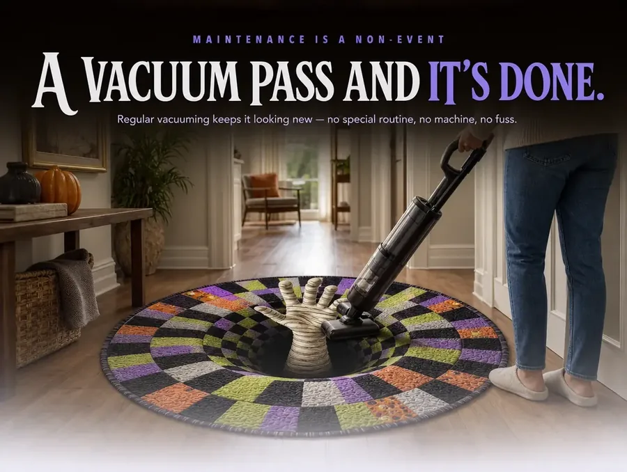 A vacuum cleaner being run across the surface of the checkerboard illusion rug in a bright hallway.