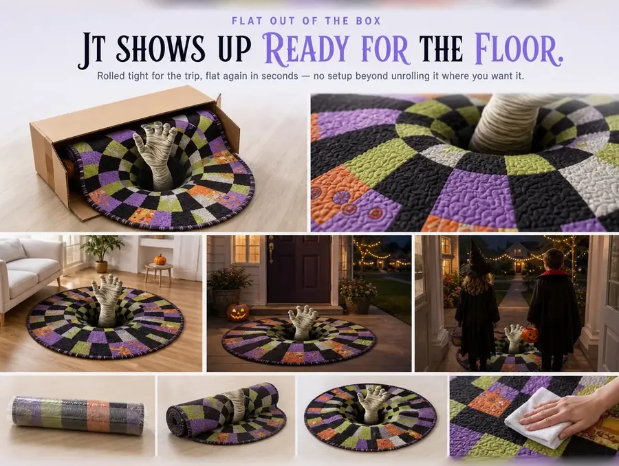The checkerboard illusion rug partly unrolled out of its shipping box on a bright floor.