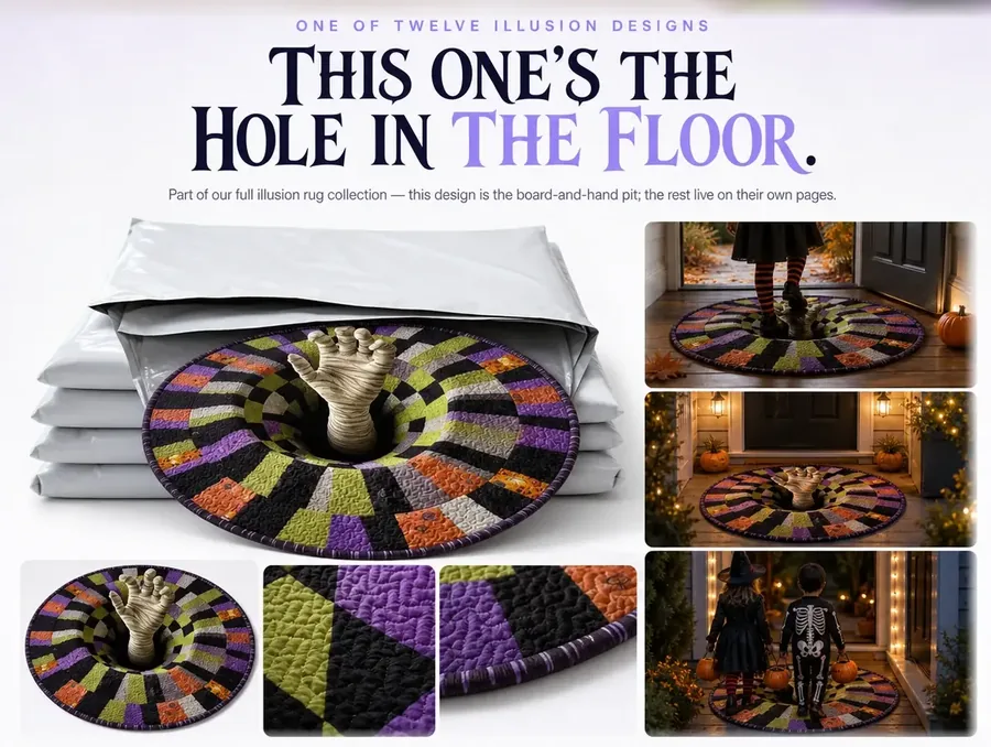 A stack of packaged illusion rugs with the top one open to show the checkerboard hole-and-hand print.